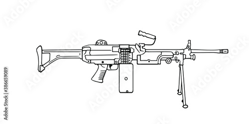 Hand-drawn Machine Gun M249 SAW. Vector Outline Illustration
