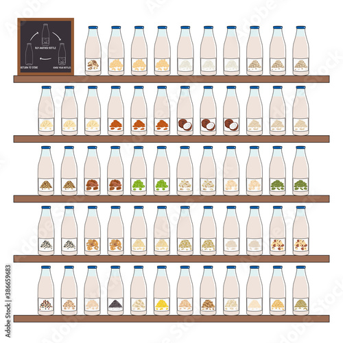 Set of bottles with plant-based milk on shelf