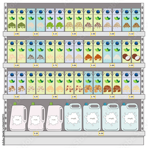 Set of milk products (dairy and vegan milk alternatives) on shelves in supermarket