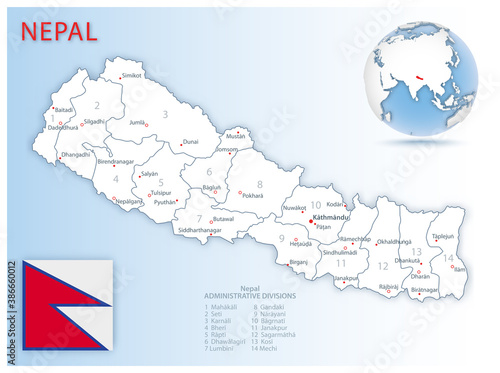 Detailed Nepal administrative map with country flag and location on a blue globe.