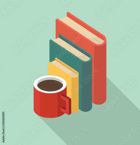 Red coffee mug with book of Stacks