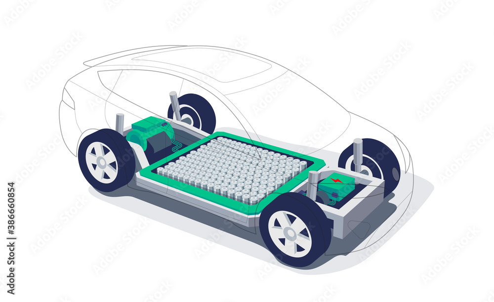 Electric car chassis with high energy battery cells pack modular platform. Skateboard module board. Vehicle components motor powertrain, controller with bodywork wheels. Isolated vector illustration. - obrazy, fototapety, plakaty 