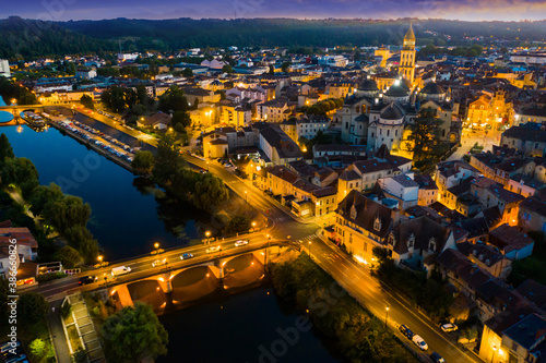 Night aerial view of Perigueux cityscape and cathedral of St Front in Dordogne department, southwestern France