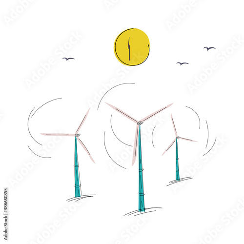 Hand-drawn illustration of wind farms with moon and flying birds. Environmentally friendly, green energy production. Vector isolated on white. Flat. Doodley.