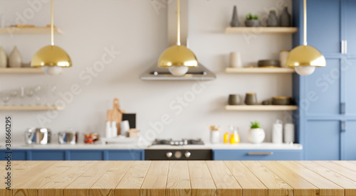 Empty wooden table and blurred kitchen white wall background/Wood table top on blur kitchen counter.