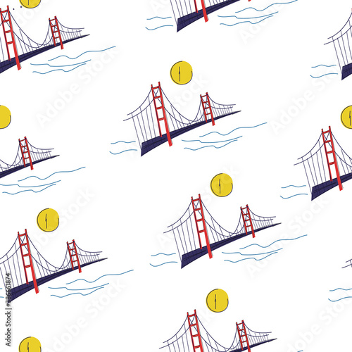 Seamless pattern with freehand drawn Golden Gate Bridge in San Francisco with moon and pond. Isolated clipart. Doodley. Flat.