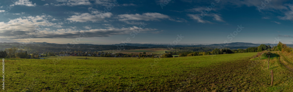 Panorama view in sunrise time near Ceske Budejovice city in autumn color morning Panorama view in sunrise time near Ceske Budejovice city in autumn color morning