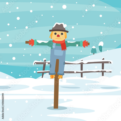 Sad scarecrow character in the middle of winter alone. Vector flat cartoon isolated illustration