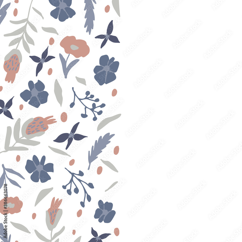 Cute floral banner with copy space for text. Hand drawn flowers and leaves doodles isolated on white background. Nature border template. Trendy vector illustration. Lovely botanical design for card