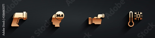 Set Digital thermometer, Medical, Checking body temperature and Thermometer with snowflake icon with long shadow. Vector.