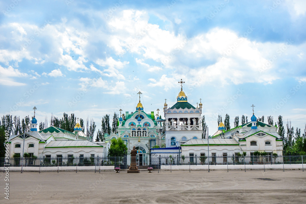 Naklejka premium Panorama of church of St. Catherine in Feodosia, Crimea. This is one of most attractive temples in city as it's very graceful & colorful. It was founded in 1892