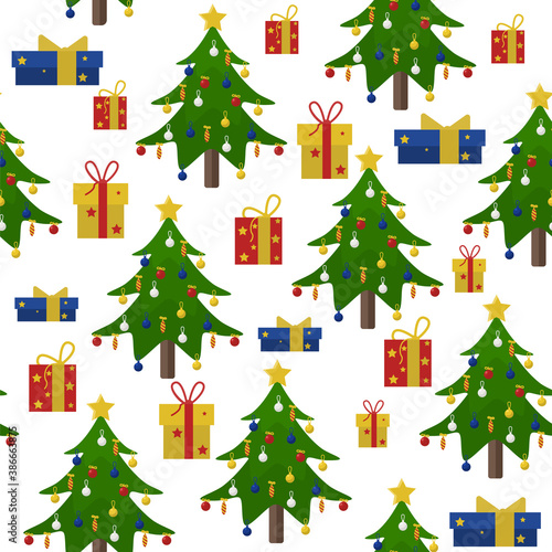 Vector seamless pattern with Christmas trees, Christmas toys on a white background. Can be used for towels, mugs, packaging paper © Nadezhda