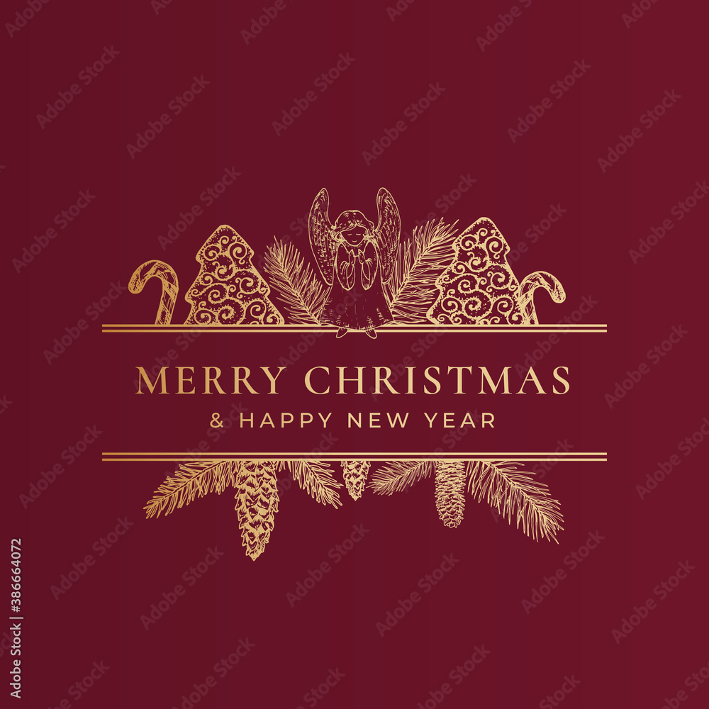 Christmas Frame Banner with Vintage Typography and Hand Drawn Holiday Illustrations. Merry Christmas Greeting Card or Label. Praying Angel with Cookie Pines and Candy Canes. Golden on Red