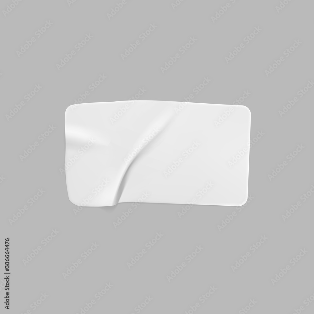 White glued crumpled rectangle sticker mock up. Blank white adhesive paper or plastic sticker label with wrinkled and creased effect. Template label tag close up. 3d realistic vector White glued crumpled rectangle sticker mock up. Blank white adhesive paper or plastic sticker label with wrinkled and creased effect. Template label tag close up. 3d realistic vector