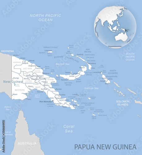 Blue-gray detailed map of Papua New Guinea administrative divisions and location on the globe.