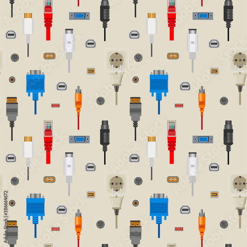 Connection cables and connectors, wiring and audio or video adapters,  vector seamless pattern. Ethernet network port, HDMI and DVI or RCA. Electric appliance and technology devices linking