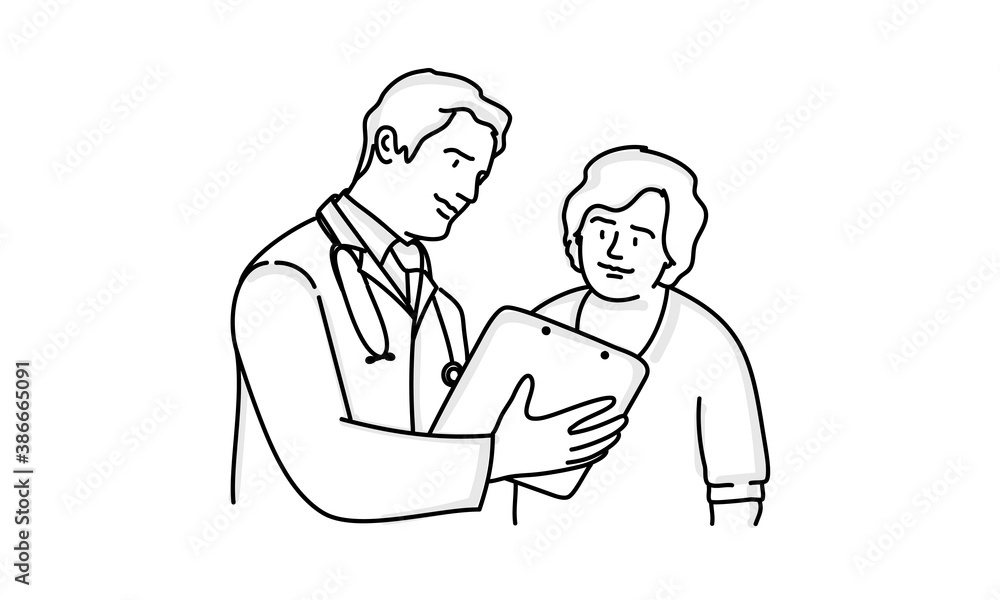 Male doctor shows a medical examination, offers the patient a health care consent insurance contract. Male doctor shows a medical examination, offers the patient a health care consent insurance contract.