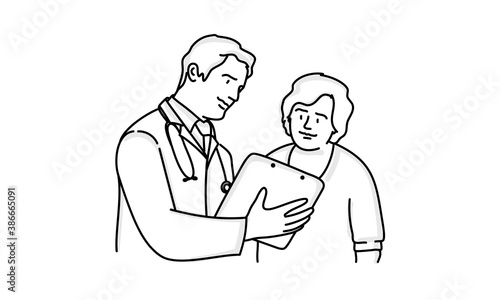 Male doctor shows a medical examination, offers the patient a health care consent insurance contract.