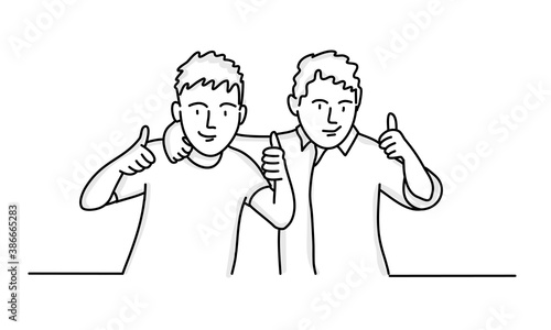 Boys show  thumb up gesture. Hand drawn vector line.