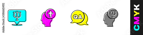 Set Psychology, Psi, Man graves funeral sorrow, Question and Answer and icon. Vector.