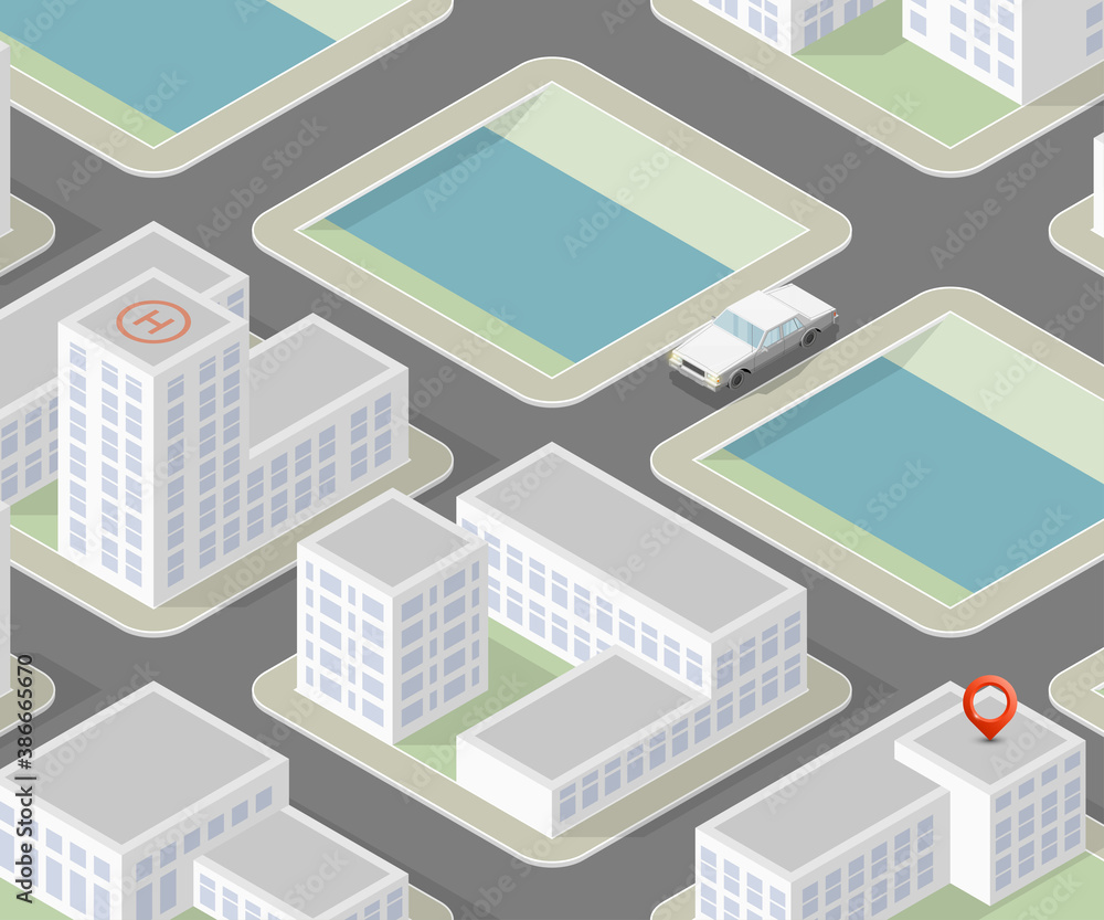 isometric automobil city. Online navigation application auto service. Isometry car flat isometric route town. 3D car classic vehicle itinerary road city. Get a motor online phone application