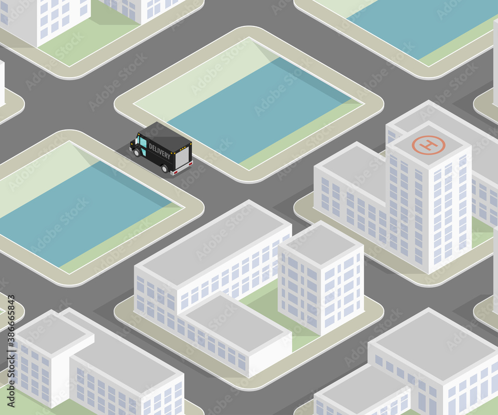 Isometric 3d city delivery van. Cargo truck transportation route, Fast delivery logistic 3d carrier transport, Flat isometry city freight car infographic. Low poly style isometry vehicle truck town Isometric 3d city delivery van. Cargo truck transportation route, Fast delivery logistic 3d carrier transport, Flat isometry city freight car infographic. Low poly style isometry vehicle truck town