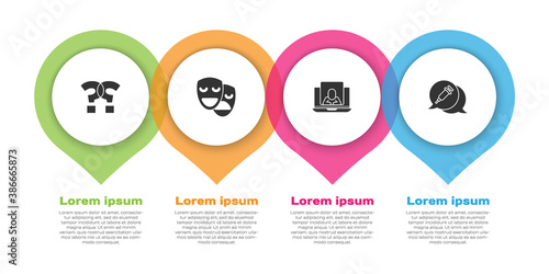 Set Question mark, Comedy and tragedy masks, Psychologist online and Addiction to the drug. Business infographic template. Vector.