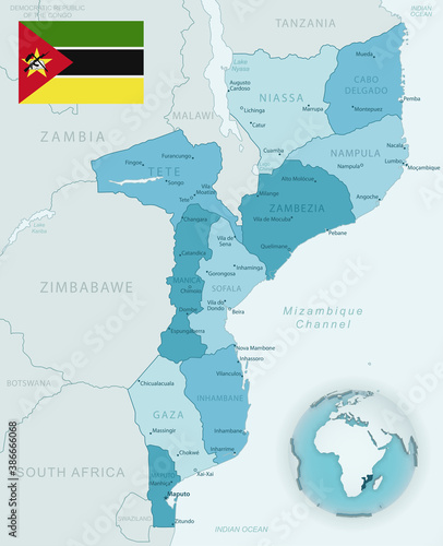 Blue-green detailed map of Mozambique administrative divisions with country flag and location on the globe. photo