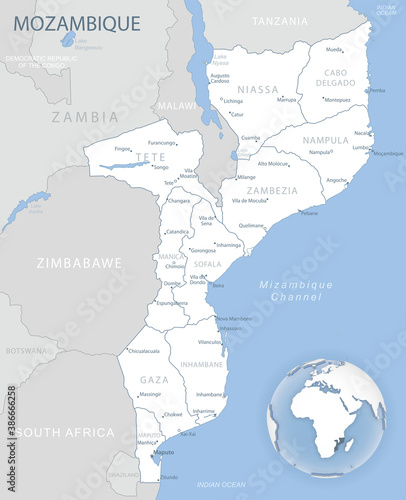 Blue-gray detailed map of Mozambique administrative divisions and location on the globe.