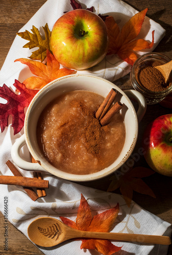 Foto white bowl of applesauce and cinnamon