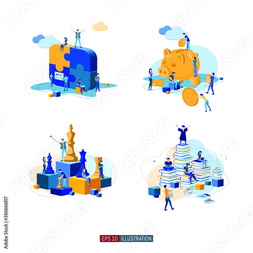 Trendy flat illustration set. Teamwork metaphor concept. Office workers planing business mechanism, analyze business strategy and exchange ideas. Template for your design works. Vector graphics.