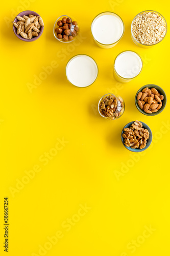 Vegan non-diary milk. Alternative types of milk with nuts and oat © 279photo