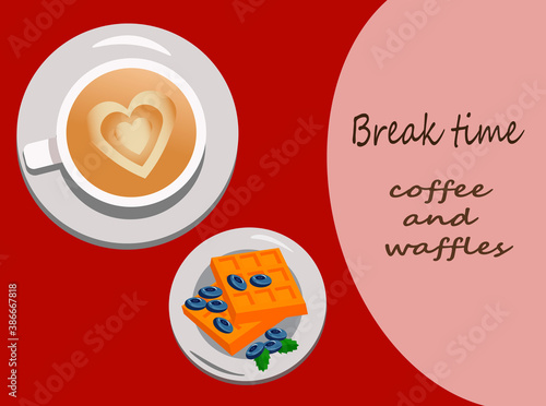 Time for a coffee break. Cup of coffee and waffles top view. Template with vector flat illustration on red background. For decor, design, advertising in cafes and restaurants.