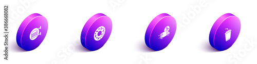 Set Isometric Online ordering burger delivery, Donut, Fast by car and Paper glass with water icon. Vector.