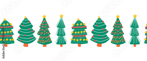 Christmas trees seamless horizontal repeating vector border. Hand drawn decorative Winter holiday design for decoration, banners, ribbons, greeting cards, scrapbooking, footer, header, dividers.