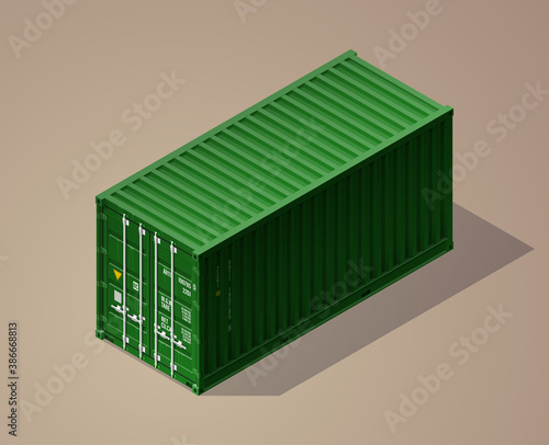 3D Isometric shipping cargo 20 ft container with closed doors. Large metal containers for transportation. Delivery of cargo shipping. illustration