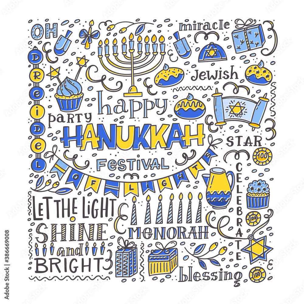 Hanukkah greeting card with outline elements. Jewish holiday
