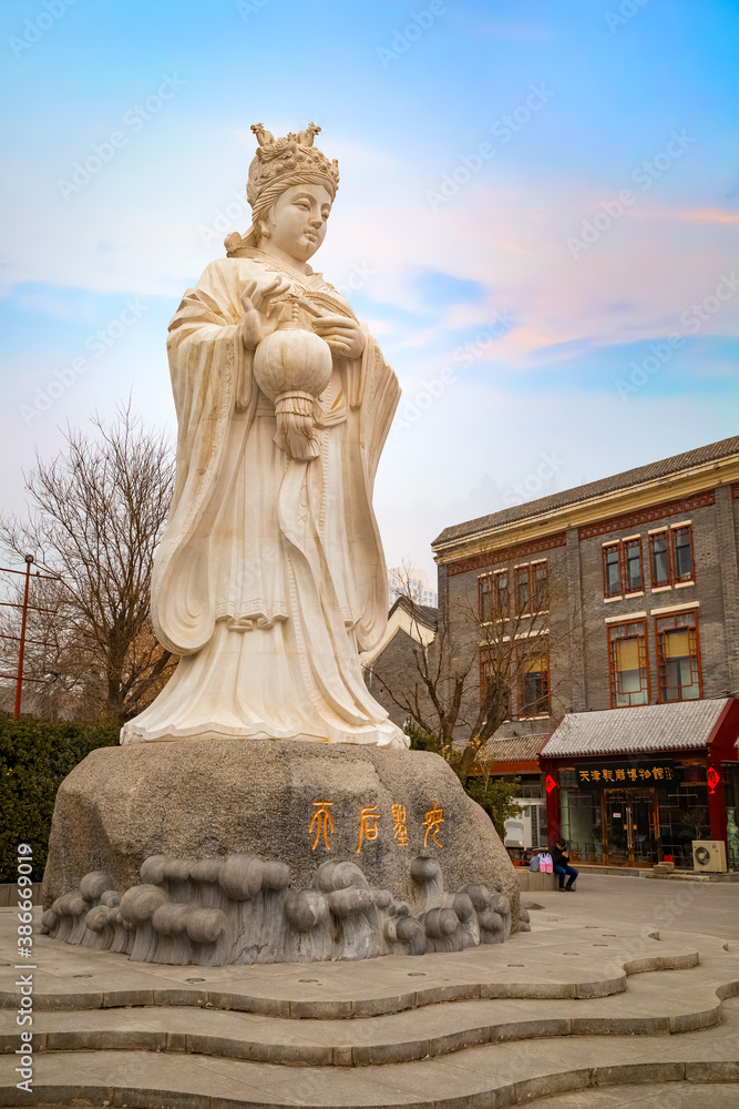 Obraz premium Mazu - a Chinese sea goddess, the statue situated on the side of Tianhou Temple at Guwenhua Jie street in Tianjin, China