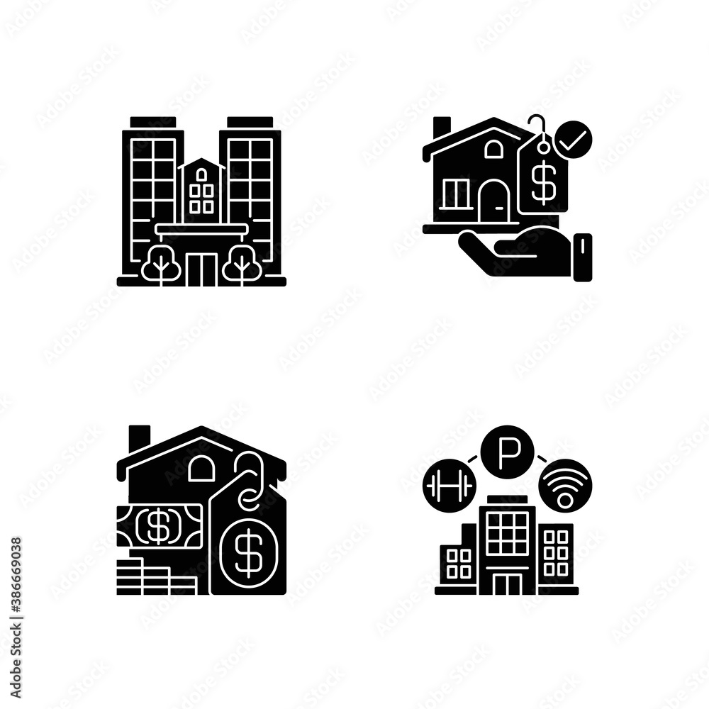 Business property black glyph icons set on white space. Real estate. Realty for sale. Skyscraper and condominium. House mortgage. Home amenities. Silhouette symbols. Vector isolated illustration Business property black glyph icons set on white space. Real estate. Realty for sale. Skyscraper and condominium. House mortgage. Home amenities. Silhouette symbols. Vector isolated illustration