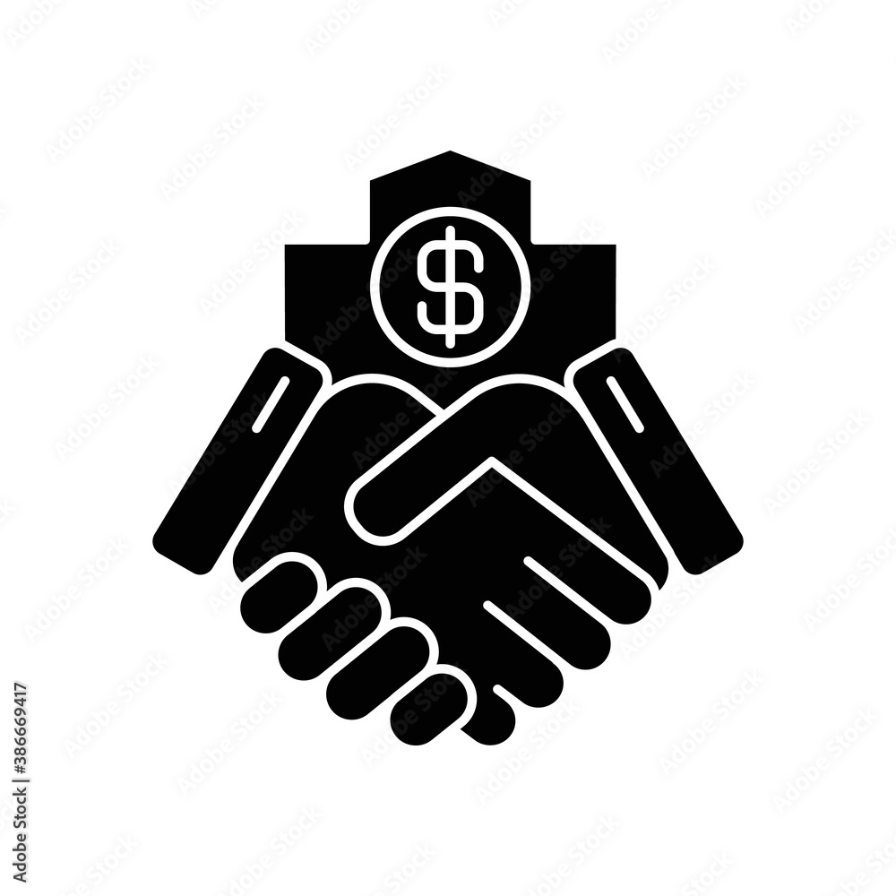 Deal black glyph icon. Commercial contract. Handshake of business partners. Buying home. Selling house. Invest in real estate. Silhouette symbol on white space. Vector isolated illustration