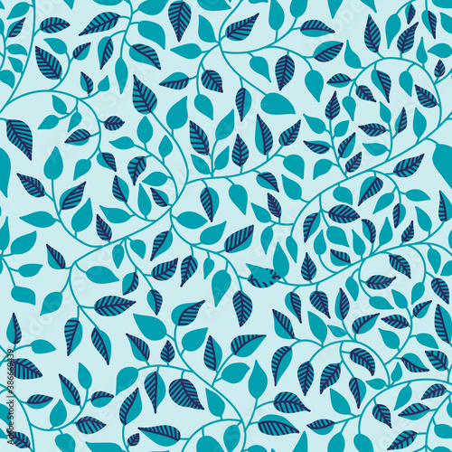 Vector seamless pattern. Abstract drawing with plant elements on a blue background. Vivid colors in pictures. Hand drawn. Use for printing prints on fabrics, wallpapers and more.