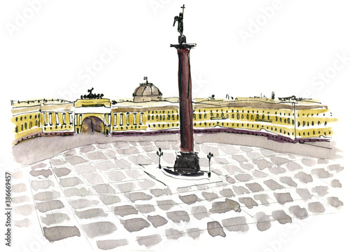 Watercolor drawing sletch of St. Petersburg. Palace square photo