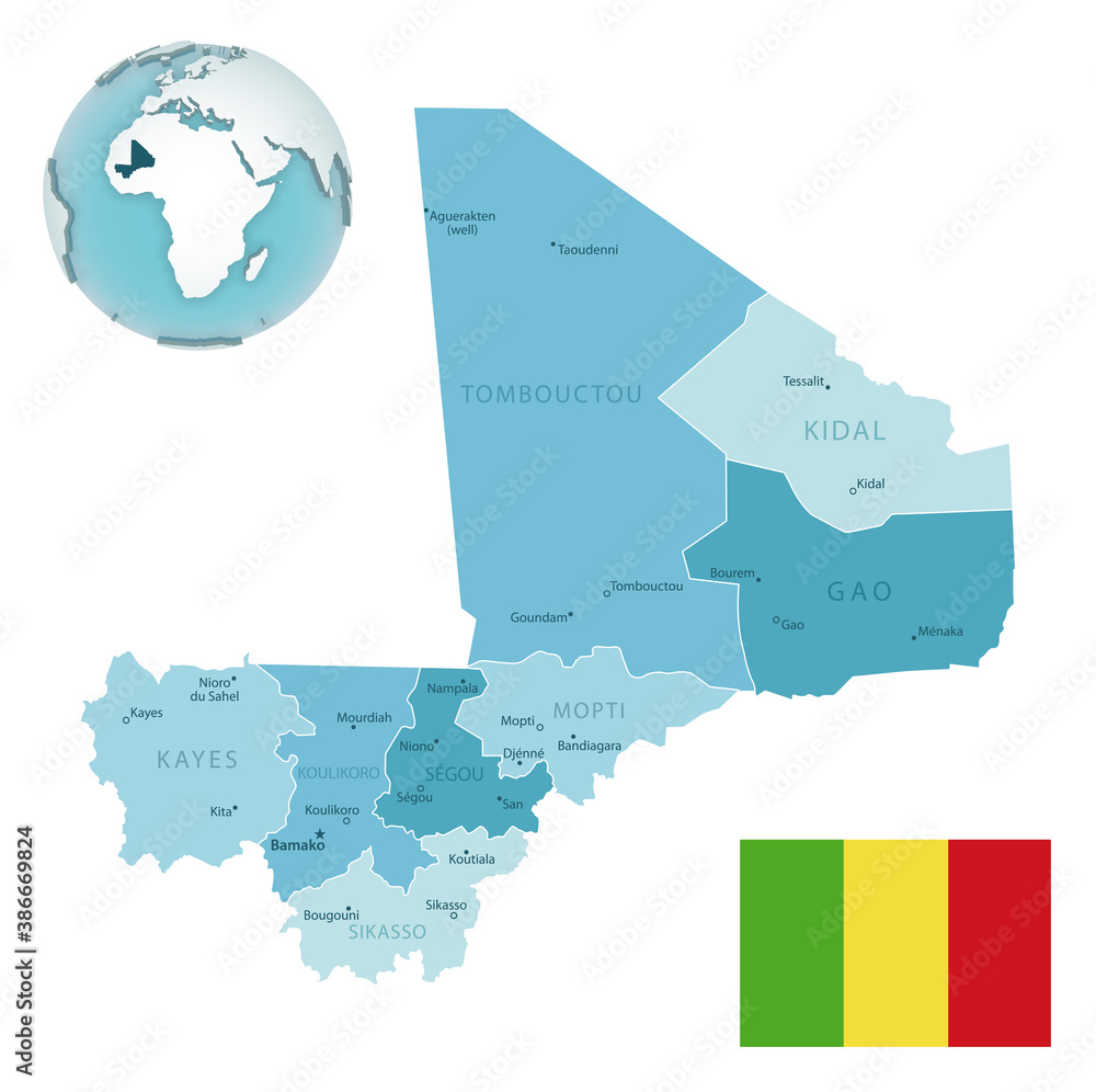 Obraz premium Mali administrative blue-green map with country flag and location on a globe.