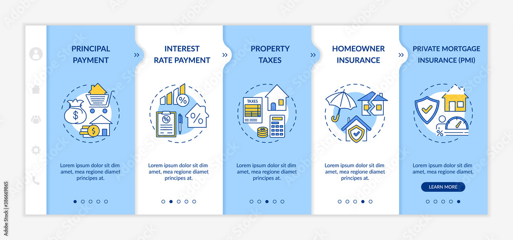 Mortgage loan components onboarding vector template. Principal payment. Homeowner insurance. Property taxes. Responsive mobile website with icons. Webpage walkthrough step screens. RGB color concept
