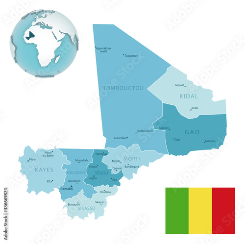 Mali administrative blue-green map with country flag and location on a globe.