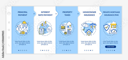 Mortgage loan components onboarding vector template. Principal payment. Homeowner insurance. Property taxes. Responsive mobile website with icons. Webpage walkthrough step screens. RGB color concept