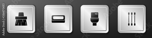Set Handle broom, Bar of soap, Toilet bowl and Cotton swab for ears icon. Silver square button. Vector.