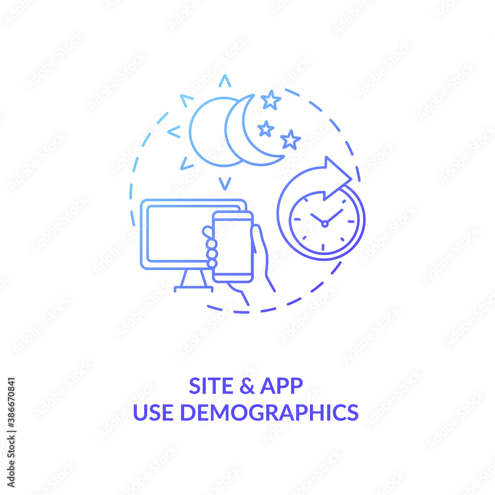 Site and app use demographics concept icon. Social media demographics idea thin line illustration. Media use report. Benchmarking. Engagement rates. Vector isolated outline RGB color drawing Site and app use demographics concept icon. Social media demographics idea thin line illustration. Media use report. Benchmarking. Engagement rates. Vector isolated outline RGB color drawing