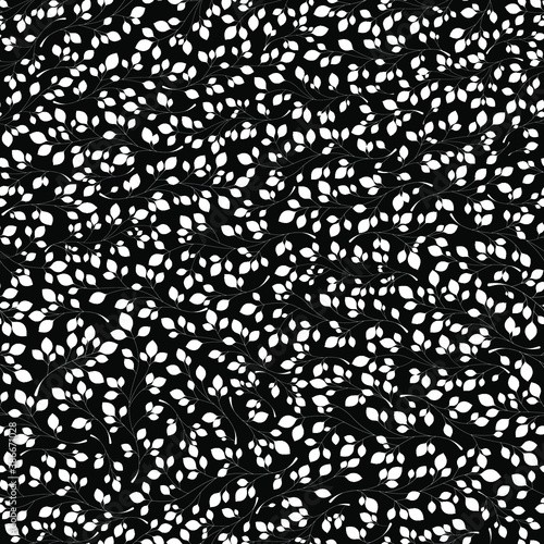 Branches with white leaves on a black background. Seamless Vector illustration. Stylish background with graphic leaves. Use for wallpaper, web design, surface textures, textile prints, wrapping, etc.