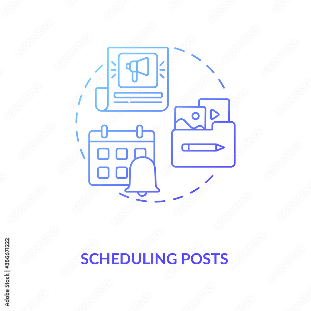 Scheduling posts concept icon. Becoming nanoinfluencer tip idea thin line illustration. Scheduled posts management. Captions creating. Uploading content. Vector isolated outline RGB color drawing Scheduling posts concept icon. Becoming nanoinfluencer tip idea thin line illustration. Scheduled posts management. Captions creating. Uploading content. Vector isolated outline RGB color drawing